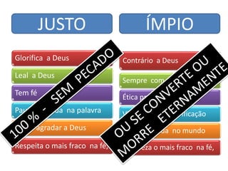 Glorifica a Deus
Leal a Deus
Tem fé
Pauta sua vida na palavra
Busca agradar a Deus
Respeita o mais fraco na fé,
Contrário a Deus
Sempre com a razão
Ética própria
Vive a auto - Glorificação
Pauta sua vida no mundo
Despreza o mais fraco na fé,
JUSTO ÍMPIO
 