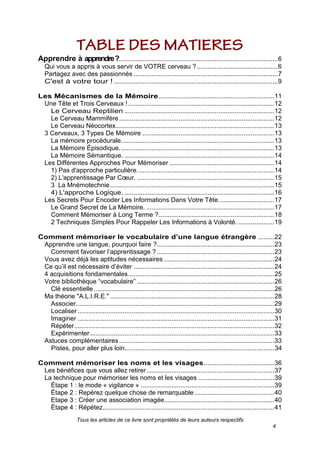 Tous les articles de ce livre sont propriétés de leurs auteurs respectifs
4
Apprendre à apprendre?........................................................................................6
Qui vous a appris à vous servir de VOTRE cerveau ?.............................................6
Partagez avec des passionnés ................................................................................7
C'est à votre tour ! ...........................................................................................9
Les Mécanismes de la Mémoire................................................................11
Une Tête et Trois Cerveaux !.................................................................................12
Le Cerveau Reptilien ...................................................................................12
Le Cerveau Mammifère......................................................................................12
Le Cerveau Néocortex........................................................................................13
3 Cerveaux, 3 Types De Mémoire .........................................................................13
La mémoire procédurale.....................................................................................13
La Mémoire Épisodique......................................................................................13
La Mémoire Sémantique. ...................................................................................14
Les Différentes Approches Pour Mémoriser ..........................................................14
1) Pas d'approche particulière............................................................................14
2) L'apprentissage Par Cœur. ............................................................................15
3 La Mnémotechnie...........................................................................................15
4) L'approche Logique. ...................................................................................16
Les Secrets Pour Encoder Les Informations Dans Votre Tête...............................17
Le Grand Secret de La Mémoire. .......................................................................17
Comment Mémoriser à Long Terme ?................................................................18
2 Techniques Simples Pour Rappeler Les Informations à Volonté. ....................19
Comment mémoriser le vocabulaire d’une langue étrangère .........22
Apprendre une langue, pourquoi faire ?.................................................................23
Comment favoriser l’apprentissage ? .................................................................23
Vous avez déjà les aptitudes nécessaires .............................................................24
Ce qu’il est nécessaire d’éviter ..............................................................................24
4 acquisitions fondamentales.................................................................................25
Votre bibliothèque ―vocabulaire‖ ............................................................................26
Clé essentielle....................................................................................................26
Ma théorie "A.L.I.R.E." ...........................................................................................28
Associer..............................................................................................................29
Localiser.............................................................................................................30
Imaginer .............................................................................................................31
Répéter...............................................................................................................32
Expérimenter......................................................................................................33
Astuces complémentaires......................................................................................33
Pistes, pour aller plus loin...................................................................................34
Comment mémoriser les noms et les visages.......................................36
Les bénéfices que vous allez retirer.......................................................................37
La technique pour mémoriser les noms et les visages ..........................................39
Étape 1 : le mode « vigilance » ..........................................................................39
Étape 2 : Repérez quelque chose de remarquable ............................................40
Etape 3 : Créer une association imagée.............................................................40
Étape 4 : Répétez...............................................................................................41
 
