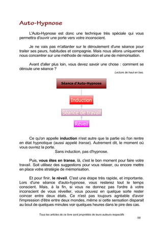 Tous les articles de ce livre sont propriétés de leurs auteurs respectifs
58
L'Auto-Hypnose est donc une technique très spéciale qui vous
permettra d'ouvrir une porte vers votre inconscient.
Je ne vais pas m'attarder sur le déroulement d'une séance pour
traiter ses peurs, habitudes et compagnie. Mais nous allons uniquement
nous concentrer sur une méthode de relaxation et une de mémorisation.
Avant d'aller plus loin, vous devez savoir une chose : comment se
déroule une séance ?
Lecture de haut en bas.
Ce qu'on appelle induction n'est autre que la partie où l'on rentre
en état hypnotique (aussi appelé transe). Autrement dit, le moment où
vous ouvrez la porte.
Sans induction, pas d'hypnose.
Puis, vous êtes en transe, là, c'est le bon moment pour faire votre
travail. Soit utilisez des suggestions pour vous relaxer, ou encore mettre
en place votre stratégie de mémorisation.
Et pour finir, le réveil. C'est une étape très rapide, et importante.
Lors d'une séance d'auto-hypnose, vous resterez tout le temps
conscient. Mais, à la fin, si vous ne donnez pas l'ordre à votre
inconscient de vous réveiller, vous pouvez en quelque sorte rester
coincer entre deux états. Ce n'est pas toujours agréable d'avoir
l'impression d'être entre deux mondes, même si cette sensation disparait
au bout de quelques minutes voir quelques heures dans le pire des cas.
 