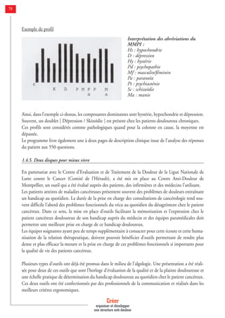 Exemple de profil
Ainsi, dans l’exemple ci-dessus, les composantes dominantes sont hystérie, hypochondrie et dépression.
Souvent, un doublet [ Dépression / Skizoïdie ] est présent chez les patients douloureux chroniques.
Ces profils sont considérés comme pathologiques quand pour la colonne en cause, la moyenne est
dépassée.
Le programme livre également une à deux pages de description clinique issue de l’analyse des réponses
du patient aux 550 questions.
1.4.5. Deux disques pour mieux vivre
En partenariat avec le Centre d’Evaluation et de Traitement de la Douleur de la Ligue Nationale de
Lutte contre le Cancer (Comité de l’Hérault), a été mis en place au Centre Anti-Douleur de
Montpellier, un outil qui a été évalué auprès des patients, des infirmières et des médecins l’utilisant.
Les patients atteints de maladies cancéreuses présentent souvent des problèmes de douleurs entraînant
un handicap au quotidien. La durée de la prise en charge des consultations de cancérologie rend sou-
vent difficile l’abord des problèmes fonctionnels du vécu au quotidien du désagrément chez le patient
cancéreux. Dans ce sens, la mise en place d’outils facilitant la mémorisation et l’expression chez le
patient cancéreux douloureux de son handicap auprès du médecin et des équipes paramédicales doit
permettre une meilleure prise en charge de ce handicap douloureux.
Les équipes soignantes ayant peu de temps supplémentaire à consacrer pour cette écoute et cette huma-
nisation de la relation thérapeutique, doivent pouvoir bénéficier d’outils permettant de rendre plus
dense et plus efficace la mesure et la prise en charge de ces problèmes fonctionnels si importants pour
la qualité de vie des patients cancéreux.
Plusieurs types d’outils ont déjà été promus dans le milieu de l’algologie. Une présentation a été réali-
sée pour deux de ces outils que sont l’horloge d’évaluation de la qualité et de la plainte douloureuse et
une échelle pratique de détermination du handicap douloureux au quotidien chez le patient cancéreux.
Ces deux outils ont été confectionnés par des professionnels de la communication et réalisés dans les
meilleurs critères ergonomiques.
Créer
organiser et développer
une structure anti-douleur
74
Interprétation des abréviations du
MMPI :
Hs : hypochondrie
D : dépression
Hy : hystérie
Pd : psychopathie
Mf : masculin/féminin
Pa : paranoïa
Pt : psychiasténie
Sc : schizoïdie
Ma : manie
 