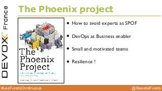 @BeastieFurets#LesFuretsContinuous
The Phoenix project
• How to avoid experts as SPOF
• DevOps as Business enabler
• Small and motivated teams
• Resilience !
113
 