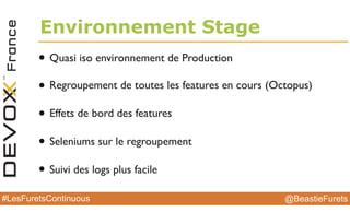 @BeastieFurets#LesFuretsContinuous
Environnement Stage
• Quasi iso environnement de Production
• Regroupement de toutes les features en cours (Octopus)
• Effets de bord des features
• Seleniums sur le regroupement
• Suivi des logs plus facile
 