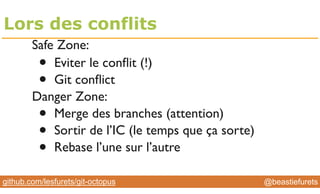 @YourTwitterHandle@YourTwitterHandle@beastiefuretsgithub.com/lesfurets/git-octopus
Safe Zone:
• Eviter le conﬂit (!)
• Git conﬂict
Danger Zone:
• Merge des branches (attention)
• Sortir de l’IC (le temps que ça sorte)
• Rebase l’une sur l’autre
Lors des conflits
 