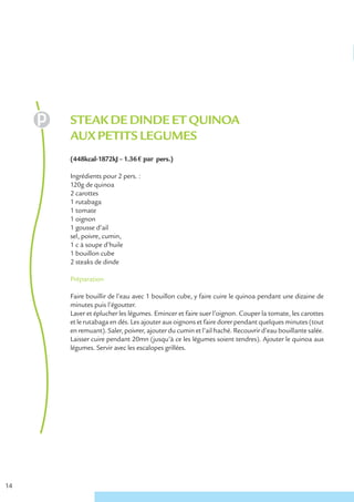 STEAK DE DINDE ET QUINOA
     AUX PETITS LEGUMES
     (448kcal-1872kJ – 1.36 € par pers.)

     Ingrédients pour 2 pers. :
     120g de quinoa
     2 carottes
     1 rutabaga
     1 tomate
     1 oignon
     1 gousse d’ail
     sel, poivre, cumin,
     1 c à soupe d’huile
     1 bouillon cube
     2 steaks de dinde

     Préparation

     Faire bouillir de l’eau avec 1 bouillon cube, y faire cuire le quinoa pendant une dizaine de
     minutes puis l’égoutter.
     Laver et éplucher les légumes. Emincer et faire suer l’oignon. Couper la tomate, les carottes
     et le rutabaga en dés. Les ajouter aux oignons et faire dorer pendant quelques minutes (tout
     en remuant). Saler, poivrer, ajouter du cumin et l’ail haché. Recouvrir d’eau bouillante salée.
     Laisser cuire pendant 20mn (jusqu’à ce les légumes soient tendres). Ajouter le quinoa aux
     légumes. Servir avec les escalopes grillées.




14
 