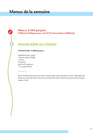 Menus de la semaine


    Menu à 2.50 € par pers.
    (750kcal-3135kJ par pers. soit 37.5% d’une ration à 2000kcal)




    PANAIS RÂPE AU CITRON
    (135kcal-522kJ – 0.46€ € par pers.)

    Ingrédients pour 2 pers. :
    1 panais moyen (200g)
    1 citron
    sel, poivre,
    persil, ail (½ gousse)
    1 c à soupe d’huile

    Préparation

    Rincer et frotter les panais sous l’eau. Puis les râper. Laver et presser le citron. Mélanger l’ail
    haché avec le jus de citron, du persil, sel, poivre et l’huile. Arroser les panais râpés et laisser
    reposer 5 min.




                                                                                                          17
 