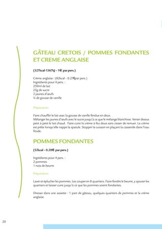 GÂTEAU CRETOIS / POMMES FONDANTES
     ET CREME ANGLAISE
     (327kcal-1367kJ – 1€ € par pers.)

     Crème anglaise : (82kcal – 0.27€ par pers.)
     Ingrédients pour 4 pers. :
     250ml de lait
     25g de sucre
     2 jaunes d’œufs
     ¼ de gousse de vanille


     Préparation

     Faire chauffer le lait avec la gousse de vanille fendue en deux.
     Mélanger les jaunes d’œufs avec le sucre jusqu’à ce que le mélange blanchisse. Verser dessus
     petit à petit le lait chaud. Faire cuire la crème à feu doux sans cesser de remuer. La crème
     est prête lorsqu’elle nappe la spatule. Stopper la cuisson en plaçant la casserole dans l’eau
     froide.


     POMMES FONDANTES
     (52kcal – 0.20€ € par pers.)

     Ingrédients pour 4 pers. :
     2 pommes
     1 noix de beurre

     Préparation

     Laver et éplucher les pommes. Les couper en 8 quartiers. Faire fondre le beurre, y ajouter les
     quartiers et laisser cuire jusqu’à ce que les pommes soient fondantes.

     Dresser dans une assiette : 1 part de gâteau, quelques quartiers de pommes et la crème
     anglaise.




20
 