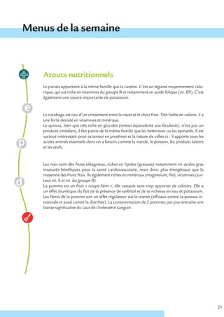 Menus de la semaine



    Atouts nutritionnels
    Le panais appartient à la même famille que la carotte. C’est un légume moyennement calo-
    rique, qui est riche en vitamines du groupe B et notamment en acide folique (vit. B9). C’est
    également une source importante de potassium.


    Le rutabaga est issu d’un croisement entre le navet et le chou frisé. Très faible en calorie, il a
    une forte densité en vitamines et minéraux.
    Le quinoa, bien que très riche en glucides (teneur équivalente aux féculents), n’est pas un
    produits céréaliers, il fait partie de la même famille que les betteraves ou les épinards. Il est
    surtout intéressant pour sa teneur en protéines et la nature de celles-ci : il apporte tous les
    acides aminés essentiels dont on a besoin comme la viande, le poisson, les produits laitiers
    et les œufs.


    Les noix sont des fruits oléagineux, riches en lipides (graisses) notamment en acides gras
    insaturés bénéfiques pour la santé cardiovasculaire, mais donc plus énergétique que la
    moyenne des fruits frais. Ils également riches en minéraux (magnésium, fer), vitamines (sur-
    tout vit. E et vit. du groupe B).
    La pomme est un fruit « coupe-faim », elle rassasie sans trop apporter de calories. Elle a
    un effet diurétique du fait de la présence de sorbitol et de se richesse en eau et potassium.
    Les fibres de la pomme ont un effet régulateur sur le transit (efficace contre la paresse in-
    testinale et aussi contre la diarrhée). La consommation de 2 pommes par jour entraine une
    baisse significative du taux de cholestérol sanguin.




                                                                                                         21
 