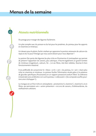Menus de la semaine



    Atouts nutritionnels
    Du potage pour manger des légumes facilement.

    Un plat complet avec du poisson et du lait pour les protéines, du poireau pour les apports
    en vitamines et minéraux.

    Un dessert pour le plaisir, facile à réaliser qui apportera la portion nécessaire de calcium du
    repas et du riz pour l’énergie que nous avons besoin pour nous dépenser !

    Le potiron fait partie des légumes les plus riche en Provitamine A (antioxydant qui permet
    de prévenir l’apparition de cancer), peu calorique, il fournit également un grand nombre
    de minéraux (magnésium, calcium, fer…) et ses fibres, très bien tolérées, favorise le bon
    fonctionnement intestinal.

    Il est préférable de consommer le « blanc » et le « vert » du poireau, le « vert » étant plus
    riche en vitamines et minéraux. Le poireau facilite l’élimination rénale grâce à la présence
    de glucides spécifiques (fructosanes) et un rapport potassium/sodium élevé. Sa tolérance
    (intestinale) sera améliorée si on cuit le poireau « à découvert » (les composés soufrés pour-
    ront ainsi s’échapper !).

    La mangue est un fruit riche en antioxydants : provitamine A, vitamine C, vitamine E, et en
    fibres, qui permettent une « action prévention » vis-à-vis de cancers, d’athérosclérose, du
    vieillissement cellulaire.




                                                                                                      25
 