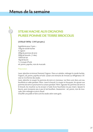 Menus de la semaine



    STEAK HACHE AUX OIGNONS
    PUREE POMME DE TERRE BROCOLIS
    (335kcal-1387kJ – 2.10 € par pers.)

    Ingrédients pour 2 pers. :
    150g de viande hachée
    ½ oignon
    200g de pommes de terre
    500g de brocolis (1 tête)
    150ml de lait
    10g de beurre
    1 c à soupe d’huile
    sel, poivre, paprika, noix de muscade

    Préparation

    Laver, éplucher et émincer finement l’oignon. Dans un saladier, mélanger la viande hachée,
    l’oignon, sel, poivre, paprika et huile. Laisser une trentaine de minutes au réfrigérateur. Di-
    viser en 2 et former des steaks.
    Laver, éplucher et couper les pommes de terre en morceaux. Les faire cuire dans une eau
    bouillante et salée pendant 10mn. Laver le brocoli, le couper en bouquets, les ajouter aux
    pommes de terre et poursuivre la cuisson pendant 10mn. Egoutter les pommes de terre et
    le brocoli, les mouliner ou les écraser à l’aide d’une fourchette (ne pas mixer). Ajouter le
    beurre, puis incorporer peu à peu le lait bouillant. Assaisonner : sel, poivre, noix de mus-
    cade, bien mélanger et servir chaud.
    Chauffer une poêle et faire cuire les steaks selon votre goût.




                                                                                                      27
 