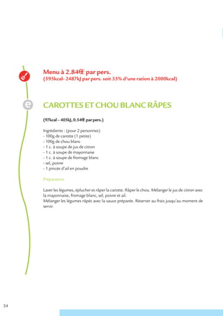 Menu à 2.84€ € par pers.
     (595kcal- 2487kJ par pers. soit 33% d’une ration à 2000kcal)




     CAROTTES ET CHOU BLANC RÂPES
     (97kcal – 405kJ, 0.54€ € par pers.)

     Ingrédients : (pour 2 personnes)
     - 100g de carotte (1 petite)
     - 100g de chou blanc
     - 1 c. à soupe de jus de citron
     - 1 c. à soupe de mayonnaise
     - 1 c. à soupe de fromage blanc
     - sel, poivre
     - 1 pincée d’ail en poudre

     Préparation

     Laver les légumes, éplucher et râper la carotte. Râper le chou. Mélanger le jus de citron avec
     la mayonnaise, fromage blanc, sel, poivre et ail.
     Mélanger les légumes râpés avec la sauce préparée. Réserver au frais jusqu’au moment de
     servir.




34
 