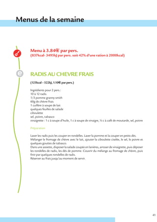 Menus de la semaine


    Menu à 3.84€ € par pers.
    (837kcal- 3495kJ par pers. soit 42% d’une ration à 2000kcal)




    RADIS AU CHEVRE FRAIS
    (125kcal – 522kJ, 1.10€ € par pers.)

    Ingrédients pour 2 pers.:
    10 à 12 radis
    1/3 pomme granny smith
    60g de chèvre frais
    1 cuillère à soupe de lait
    quelques feuilles de salade
    ciboulette
    sel, poivre, tabasco
    vinaigrette : 1 c à soupe d’huile, 1 c à soupe de vinaigre, ½ c à café de moutarde, sel, poivre

    Préparation

    Laver les radis puis les couper en rondelles. Laver la pomme et la couper en petits dés.
    Mélanger le fromage de chèvre avec le lait, ajouter la ciboulette ciselée, le sel, le poivre et
    quelques gouttes de tabasco.
    Dans une assiette, disposer la salade coupée en lanières, arroser de vinaigrette, puis déposer
    les rondelles de radis, les dés de pomme. Couvrir du mélange au fromage de chèvre, puis
    finir par quelques rondelles de radis.
    Réserver au frais jusqu’au moment de servir.




                                                                                                      41
 