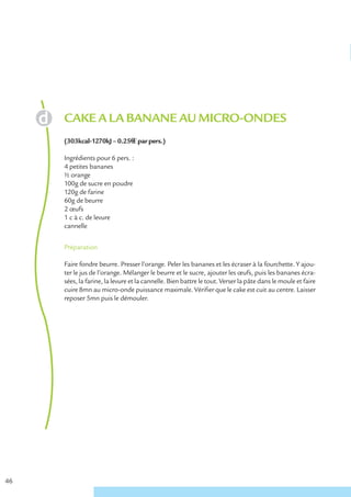 CAKE A LA BANANE AU MICRO-ONDES
     (303kcal-1270kJ – 0.25€ € par pers.)

     Ingrédients pour 6 pers. :
     4 petites bananes
     ½ orange
     100g de sucre en poudre
     120g de farine
     60g de beurre
     2 œufs
     1 c à c. de levure
     cannelle


     Préparation

     Faire fondre beurre. Presser l’orange. Peler les bananes et les écraser à la fourchette. Y ajou-
     ter le jus de l’orange. Mélanger le beurre et le sucre, ajouter les œufs, puis les bananes écra-
     sées, la farine, la levure et la cannelle. Bien battre le tout. Verser la pâte dans le moule et faire
     cuire 8mn au micro-onde puissance maximale. Vérifier que le cake est cuit au centre. Laisser
     reposer 5mn puis le démouler.




46
 