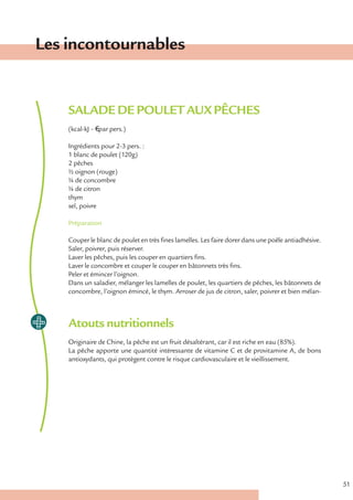 Les incontournables


    SALADE DE POULET AUX PÊCHES
    (kcal-kJ – € par pers.)

    Ingrédients pour 2-3 pers. :
    1 blanc de poulet (120g)
    2 pêches
    ½ oignon (rouge)
    ¼ de concombre
    ¼ de citron
    thym
    sel, poivre

    Préparation

    Couper le blanc de poulet en très fines lamelles. Les faire dorer dans une poêle antiadhésive.
    Saler, poivrer, puis réserver.
    Laver les pêches, puis les couper en quartiers fins.
    Laver le concombre et couper le couper en bâtonnets très fins.
    Peler et émincer l’oignon.
    Dans un saladier, mélanger les lamelles de poulet, les quartiers de pêches, les bâtonnets de
    concombre, l’oignon émincé, le thym. Arroser de jus de citron, saler, poivrer et bien mélan-



    Atouts nutritionnels
    Originaire de Chine, la pêche est un fruit désaltérant, car il est riche en eau (85%).
    La pêche apporte une quantité intéressante de vitamine C et de provitamine A, de bons
    antioxydants, qui protègent contre le risque cardiovasculaire et le vieillissement.




                                                                                                     51
 