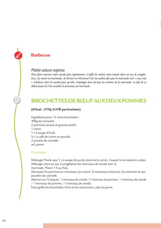 Barbecue


     Petite astuce express
     Pour faire mariner votre viande plus rapidement, il suffit de mettre votre viande dans un sac de congéla-
     tion, d’y verser la marinade, de fermer en éliminant l’air du sachet afin que la marinade soit « sous vide
     ». Malaxer alors la viande pour qu’elle s’imprègne bien de tous les arômes de la marinade. Le fait de se
     débarrasser de l’air accélère le processus de marinade.



     BROCHETTES DE BŒUF AUX DEUX POMMES
     (67kcal – 277kJ, 0.57€ € par brochette)

     Ingrédients pour 12 minis brochettes :
     400g de rumsteck
     2 pommes (ariane et granny smith)
     1 citron
     1 c à soupe d’huile
     ½ c à café de cumin en poudre
     3 pincées de cannelle
     sel, poivre

     Préparation

     Mélanger l’huile avec 1 c à soupe de jus de citron et le cumin. Couper le rumsteck en cubes.
     Mélanger dans un sac à congélation les morceaux de viande avec la
     marinade. Placer 1 h au frais.
     Découper les pommes en morceaux (au moins 12 morceaux chacune), les citronner et sau-
     poudrer de cannelle.
     Alterner sur 12 piques : 1 morceau de viande / 1 morceau de pomme / 1 morceau de viande
     / 1 morceau de pomme / 1 morceau de viande.
     Faire griller les brochettes 5min en les retournant, saler et poivre.




54
 