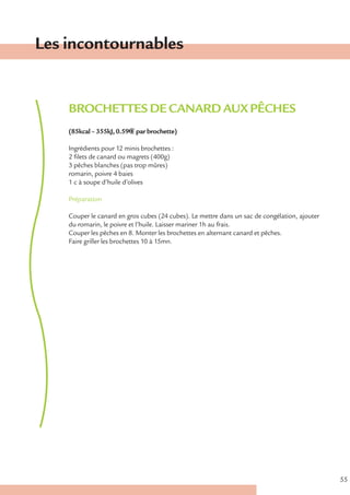 Les incontournables


    BROCHETTES DE CANARD AUX PÊCHES
    (85kcal – 355kJ, 0.59€ € par brochette)

    Ingrédients pour 12 minis brochettes :
    2 filets de canard ou magrets (400g)
    3 pêches blanches (pas trop mûres)
    romarin, poivre 4 baies
    1 c à soupe d’huile d’olives

    Préparation

    Couper le canard en gros cubes (24 cubes). Le mettre dans un sac de congélation, ajouter
    du romarin, le poivre et l’huile. Laisser mariner 1h au frais.
    Couper les pêches en 8. Monter les brochettes en alternant canard et pêches.
    Faire griller les brochettes 10 à 15mn.




                                                                                               55
 
