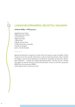 LASAGNES EPINARDS/ RICOTTA/ SAUMON
    (454kcal-1900kJ – 1.97€ € par pers.)

    Ingrédients pour 2 pers. :
    200g d’épinards en boîte
    ½ pot de Ricotta
    30g de parmesan
    1 00ml de lait
    100g de saumon fumé
    ½ boîte de tomates concassées
    6 feuilles de lasagnes
    poivre, noix de muscade

    Préparation

    Egoutter les épinards, incorporer la ricotta, le lait et le saumon coupé en lamelles. Poivrer
    et ajouter la noix de muscade. Verser dans un plat la moitié des tomates. Poser 2 feuilles
    de lasagnes, recouvrir de la préparation aux épinards, saupoudrer de parmesan. Renou-
    veler l’opération : 2 feuilles de lasagnes-épinards-parmesan. Terminer par les 2 feuilles
    de lasagnes, le reste de tomates et un peu de parmesan. Couvrir et cuire 8mn (puissance
    800W) puis 5mn (puissance 600W).
    Laisser reposer 5mn à couvert puis servir.




6
 