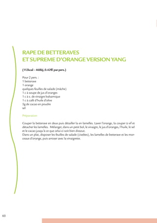 RAPE DE BETTERAVES
     ET SUPREME D’ORANGE VERSION YANG
     (112kcal – 468kJ, 0.42€ € par pers.)

     Pour 2 pers. :
     1 betterave
     1 orange
     quelques feuilles de salade (mâche)
     1 c à soupe de jus d’oranges
     1 c à s. de vinaigre balsamique
     1 c à café d’huile d’olive
     5g de cacao en poudre
     sel

     Préparation

     Couper la betterave en deux puis détailler la en lamelles. Laver l’orange, la couper à vif et
     détacher les lamelles. Mélanger, dans un petit bol, le vinaigre, le jus d’oranges, l’huile, le sel
     et le cacao jusqu’à ce que celui-ci soit bien dissout.
     Dans un plat, disposer les feuilles de salade (ciselées), les lamelles de betterave et les mor-
     ceaux d’orange, puis arroser avec la vinaigrette.




60
 