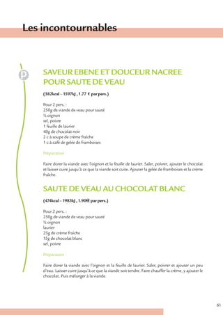 Les incontournables


    SAVEUR EBENE ET DOUCEUR NACREE
    POUR SAUTE DE VEAU
    (382kcal – 1597kJ , 1.77 € par pers.)

    Pour 2 pers. :
    250g de viande de veau pour sauté
    ½ oignon
    sel, poivre
    1 feuille de laurier
    40g de chocolat noir
    2 c à soupe de crème fraîche
    1 c à café de gelée de framboises

    Préparation

    Faire dorer la viande avec l’oignon et la feuille de laurier. Saler, poivrer, ajouter le chocolat
    et laisser cuire jusqu’à ce que la viande soit cuite. Ajouter la gelée de framboises et la crème
    fraîche.


    SAUTE DE VEAU AU CHOCOLAT BLANC
    (474kcal – 1983kJ , 1.90€ € par pers.)

    Pour 2 pers. :
    250g de viande de veau pour sauté
    ½ oignon
    laurier
    25g de crème fraîche
    15g de chocolat blanc
    sel, poivre

    Préparation

    Faire dorer la viande avec l’oignon et la feuille de laurier. Saler, poivrer et ajouter un peu
    d’eau. Laisser cuire jusqu’à ce que la viande soit tendre. Faire chauffer la crème, y ajouter le
    chocolat. Puis mélanger à la viande.




                                                                                                        61
 
