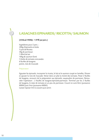 LASAGNES EPINARDS/ RICOTTA/ SAUMON
     (454kcal-1900kJ – 1.97€ € par pers.)

     Ingrédients pour 2 pers. :
     200g d’épinards en boîte
     ½ pot de Ricotta
     30g de parmesan
     1 00ml de lait
     100g de saumon fumé
     ½ boîte de tomates concassées
     6 feuilles de lasagnes
     poivre, noix de muscade

     Préparation

     Egoutter les épinards, incorporer la ricotta, le lait et le saumon coupé en lamelles. Poivrer
     et ajouter la noix de muscade. Verser dans un plat la moitié des tomates. Poser 2 feuilles
     de lasagnes, recouvrir de la préparation aux épinards, saupoudrer de parmesan. Renou-
     veler l’opération : 2 feuilles de lasagnes-épinards-parmesan. Terminer par les 2 feuilles
     de lasagnes, le reste de tomates et un peu de parmesan. Couvrir et cuire 8mn (puissance
     800W) puis 5mn (puissance 600W).
     Laisser reposer 5mn à couvert puis servir.




10
 