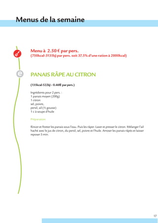 Menus de la semaine


    Menu à 2.50 € par pers.
    (750kcal-3135kJ par pers. soit 37.5% d’une ration à 2000kcal)




    PANAIS RÂPE AU CITRON
    (135kcal-522kJ – 0.46€ € par pers.)

    Ingrédients pour 2 pers. :
    1 panais moyen (200g)
    1 citron
    sel, poivre,
    persil, ail (½ gousse)
    1 c à soupe d’huile

    Préparation

    Rincer et frotter les panais sous l’eau. Puis les râper. Laver et presser le citron. Mélanger l’ail
    haché avec le jus de citron, du persil, sel, poivre et l’huile. Arroser les panais râpés et laisser
    reposer 5 min.




                                                                                                          17
 