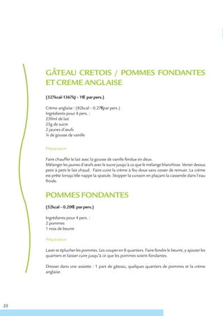 GÂTEAU CRETOIS / POMMES FONDANTES
     ET CREME ANGLAISE
     (327kcal-1367kJ – 1€ € par pers.)

     Crème anglaise : (82kcal – 0.27€ par pers.)
     Ingrédients pour 4 pers. :
     250ml de lait
     25g de sucre
     2 jaunes d’œufs
     ¼ de gousse de vanille


     Préparation

     Faire chauffer le lait avec la gousse de vanille fendue en deux.
     Mélanger les jaunes d’œufs avec le sucre jusqu’à ce que le mélange blanchisse. Verser dessus
     petit à petit le lait chaud. Faire cuire la crème à feu doux sans cesser de remuer. La crème
     est prête lorsqu’elle nappe la spatule. Stopper la cuisson en plaçant la casserole dans l’eau
     froide.


     POMMES FONDANTES
     (52kcal – 0.20€ € par pers.)

     Ingrédients pour 4 pers. :
     2 pommes
     1 noix de beurre

     Préparation

     Laver et éplucher les pommes. Les couper en 8 quartiers. Faire fondre le beurre, y ajouter les
     quartiers et laisser cuire jusqu’à ce que les pommes soient fondantes.

     Dresser dans une assiette : 1 part de gâteau, quelques quartiers de pommes et la crème
     anglaise.




20
 