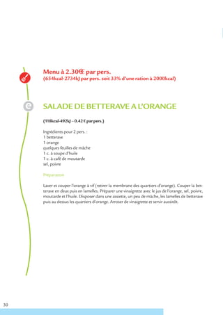 Menu à 2.30€ € par pers.
     (654kcal-2734kJ par pers. soit 33% d’une ration à 2000kcal)




     SALADE DE BETTERAVE A L’ORANGE
     (118kcal-492kJ – 0.42 € par pers.)

     Ingrédients pour 2 pers. :
     1 betterave
     1 orange
     quelques feuilles de mâche
     1 c. à soupe d’huile
     1 c. à café de moutarde
     sel, poivre

     Préparation

     Laver et couper l’orange à vif (retirer la membrane des quartiers d’orange). Couper la bet-
     terave en deux puis en lamelles. Préparer une vinaigrette avec le jus de l’orange, sel, poivre,
     moutarde et l’huile. Disposer dans une assiette, un peu de mâche, les lamelles de betterave
     puis au dessus les quartiers d’orange. Arroser de vinaigrette et servir aussitôt.




30
 