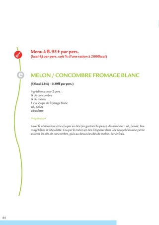 Menu à €1.95 € par pers.
     (kcal-kJ par pers. soit % d’une ration à 2000kcal)




     MELON / CONCOMBRE FROMAGE BLANC
     (56kcal-234kJ – 0.30€ € par pers.)

     Ingrédients pour 2 pers. :
     ¼ de concombre
     ¼ de melon
     1 c à soupe de fromage blanc
     sel, poivre
     ciboulette

     Préparation

     Laver le concombre et le couper en dés (en gardant la peau). Assaisonner : sel, poivre, fro-
     mage blanc et ciboulette. Couper le melon en dés. Disposer dans une coupelle ou une petite
     assiette les dés de concombre, puis au dessus les dés de melon. Servir frais.




44
 