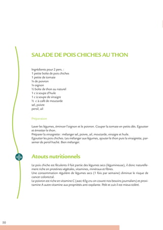 SALADE DE POIS CHICHES AU THON

     Ingrédients pour 2 pers. :
     1 petite boîte de pois chiches
     1 petite de tomate
     ¼ de poivron
     ¼ oignon
     ½ boîte de thon au naturel
     1 c à soupe d’huile
     1 c à soupe de vinaigre
     ½ c à café de moutarde
     sel, poivre
     persil, ail


     Préparation

     Laver les légumes, émincer l’oignon et le poivron. Couper la tomate en petits dés. Egoutter
     et émietter le thon.
     Préparer la vinaigrette : mélanger sel, poivre, ail, moutarde, vinaigre et huile.
     Egoutter les pois chiches. Les mélanger aux légumes, ajouter le thon puis la vinaigrette, par-
     semer de persil haché. Bien mélanger.



     Atouts nutritionnels
     Le pois chiche est féculents il fait partie des légumes secs (légumineuse), il donc naturelle-
     ment riche en protéines végétales, vitamines, minéraux et fibres.
     Une consommation régulière de légumes secs (1 fois par semaine) diminue le risque de
     cancer colorectal.
     Le poivron est riche en vitamine C (avec 65g cru on couvre nos besoins journaliers) et provi-
     tamine A autre vitamine aux propriétés anti-oxydante. Pelé et cuit il est mieux toléré.




50
 