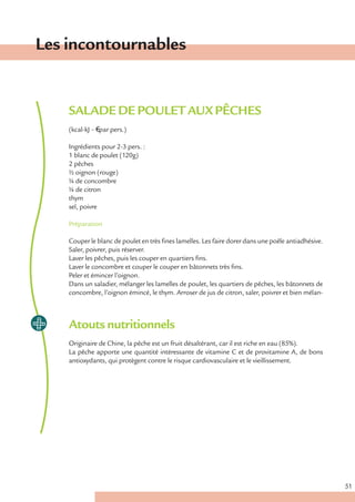 Les incontournables


    SALADE DE POULET AUX PÊCHES
    (kcal-kJ – € par pers.)

    Ingrédients pour 2-3 pers. :
    1 blanc de poulet (120g)
    2 pêches
    ½ oignon (rouge)
    ¼ de concombre
    ¼ de citron
    thym
    sel, poivre

    Préparation

    Couper le blanc de poulet en très fines lamelles. Les faire dorer dans une poêle antiadhésive.
    Saler, poivrer, puis réserver.
    Laver les pêches, puis les couper en quartiers fins.
    Laver le concombre et couper le couper en bâtonnets très fins.
    Peler et émincer l’oignon.
    Dans un saladier, mélanger les lamelles de poulet, les quartiers de pêches, les bâtonnets de
    concombre, l’oignon émincé, le thym. Arroser de jus de citron, saler, poivrer et bien mélan-



    Atouts nutritionnels
    Originaire de Chine, la pêche est un fruit désaltérant, car il est riche en eau (85%).
    La pêche apporte une quantité intéressante de vitamine C et de provitamine A, de bons
    antioxydants, qui protègent contre le risque cardiovasculaire et le vieillissement.




                                                                                                     51
 