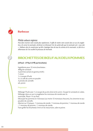 Barbecue


     Petite astuce express
     Pour faire mariner votre viande plus rapidement, il suffit de mettre votre viande dans un sac de congéla-
     tion, d’y verser la marinade, de fermer en éliminant l’air du sachet afin que la marinade soit « sous vide
     ». Malaxer alors la viande pour qu’elle s’imprègne bien de tous les arômes de la marinade. Le fait de se
     débarrasser de l’air accélère le processus de marinade.



     BROCHETTES DE BŒUF AUX DEUX POMMES
     (67kcal – 277kJ, 0.57€ € par brochette)

     Ingrédients pour 12 minis brochettes :
     400g de rumsteck
     2 pommes (ariane et granny smith)
     1 citron
     1 c à soupe d’huile
     ½ c à café de cumin en poudre
     3 pincées de cannelle
     sel, poivre

     Préparation

     Mélanger l’huile avec 1 c à soupe de jus de citron et le cumin. Couper le rumsteck en cubes.
     Mélanger dans un sac à congélation les morceaux de viande avec la
     marinade. Placer 1 h au frais.
     Découper les pommes en morceaux (au moins 12 morceaux chacune), les citronner et sau-
     poudrer de cannelle.
     Alterner sur 12 piques : 1 morceau de viande / 1 morceau de pomme / 1 morceau de viande
     / 1 morceau de pomme / 1 morceau de viande.
     Faire griller les brochettes 5min en les retournant, saler et poivre.




54
 