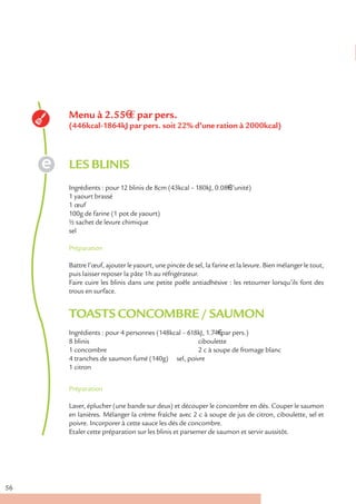 Menu à 2.55€ € par pers.
     (446kcal-1864kJ par pers. soit 22% d’une ration à 2000kcal)



     LES BLINIS
     Ingrédients : pour 12 blinis de 8cm (43kcal – 180kJ, 0.08€ l’unité)
     1 yaourt brassé
     1 œuf
     100g de farine (1 pot de yaourt)
     ½ sachet de levure chimique
     sel

     Préparation

     Battre l’œuf, ajouter le yaourt, une pincée de sel, la farine et la levure. Bien mélanger le tout,
     puis laisser reposer la pâte 1h au réfrigérateur.
     Faire cuire les blinis dans une petite poêle antiadhésive : les retourner lorsqu’ils font des
     trous en surface.


     TOASTS CONCOMBRE / SAUMON
     Ingrédients : pour 4 personnes (148kcal – 618kJ, 1.74€ par pers.)
     8 blinis                                     ciboulette
     1 concombre                                  2 c à soupe de fromage blanc
     4 tranches de saumon fumé (140g) sel, poivre
     1 citron


     Préparation

     Laver, éplucher (une bande sur deux) et découper le concombre en dés. Couper le saumon
     en lanières. Mélanger la crème fraîche avec 2 c à soupe de jus de citron, ciboulette, sel et
     poivre. Incorporer à cette sauce les dés de concombre.
     Etaler cette préparation sur les blinis et parsemer de saumon et servir aussitôt.




56
 