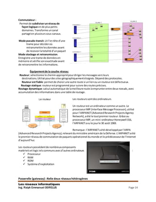 Les réseaux informatiques
Ing. Ralph Emmanuel DORELUS Page 14
Commutateur :
Permetde subdiviserunréseaude
façon logique ende pluspetits
domaines.Transforme uncanal
partagé en plusieurssous-canaux.
Mode pseudo-transit.Litl’en tête d’une
trame pour décideroù
retransmettre lesdonnées avant
de recevoirlatotalité d’unpaquet
Mode stockage et retransmission.
Enregistre une trame de données en
mémoire etvérifie sonexactitude avant
de retransmettre lesinformations.
Équipementde la couche réseau:
Routeur: sélectionne le cheminappropriépourdirigerlesmessagesvers leurs
destinations.Utilisé pourdessites géographiquementéloignés.Dépend desprotocoles.
Routeur est fiable:permetde choisirune autre route si unlienou un routeurestdéfectueux.
Routage statique:routeurestprogrammé pour suivre desroutesprécises.
Routage dynamique:calcul automatique de lameilleureroute àemprunterentre deux noeuds,avec
accumulationdesinformations dansune table de routage.
Les routeurssontdesordinateurs
Un routeurest unordinateurcomme unautre.Le
processeurIMP (Interface Message Processor),utilisé
pour l’ARPANET(AdvancedResearchProjectsAgency
Network),aété le toutpremierrouteur.Grâce au
processeurIMP,un mini-ordinateurHoneywell 316,
l’ARPANETavu le jourle 30 août 1969.
Remarque :l’ARPANETaété développéparl’ARPA
(AdvancedResearchProjectsAgency),relevantduministère américainde laDéfense.L’ARPANETaété
le premierréseaude commutationde paquetsopérationnel dumonde etle prédécesseurde l’Internet
d’aujourd’hui.
Les routeurspossèdentde nombreuxcomposants
matérielsetlogicielscommunsavecd’autresordinateurs :
 Processeur
 RAM
 ROM
 Système d’exploitation
Passerelle (gateway) : Relie deux réseaux hétérogènes
 