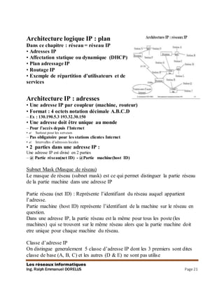 Les réseaux informatiques
Ing. Ralph Emmanuel DORELUS Page 21
Architecture logique IP : plan
Dans ce chapitre : réseau = réseau IP
• Adresses IP
• Affectation statique ou dynamique (DHCP)
• Plan adressage IP
• Routage IP
• Exemple de répartition d’utilisateurs et de
services
Architecture IP : adresses
• Une adresse IP par coupleur (machine, routeur)
• Format : 4 octets notation décimale A.B.C.D
– Ex : 130.190.5.3 193.32.30.150
• Une adresse doit être unique au monde
– Pour l’accès depuis l’Internet
• Surtout pour les serveurs
– Pas obligatoire pour les stations clientes Internet
• Intervalles d’adresses locales
• 2 parties dans une adresse IP :
Une adresse IP est divisé en 2 parties
– @ Partie réseau(net ID) - @Partie machine(host ID)
Subnet Mask (Masque de réseau)
Le masque de réseau (subnet mask) est ce qui permet distinguer la partie réseau
de la partie machine dans une adresse IP
Partie réseau (net ID) : Représente l’identifiant du réseau auquel appartient
l’adresse.
Partie machine (host ID) représente l’identifiant de la machine sur le réseau en
question.
Dans une adresse IP, la partie réseau est la même pour tous les poste (les
machines) qui se trouvent sur le même réseau alors que la partie machine doit
etre unique pour chaque machine du réseau.
Classe d’adresse IP
On distingue generalement 5 classe d’adresse IP dont les 3 premiers sont dites
classe de base (A, B, C) et les autres (D & E) ne sont pas utilise
 