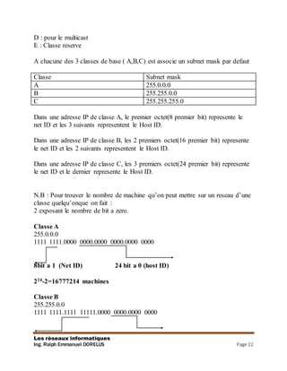 Les réseaux informatiques
Ing. Ralph Emmanuel DORELUS Page 22
D : pour le multicast
E : Classe reserve
A chacune des 3 classes de base ( A,B,C) est associe un subnet mask par defaut
Classe Subnet mask
A 255.0.0.0
B 255.255.0.0
C 255.255.255.0
Dans une adresse IP de classe A, le premier octet(8 premier bit) represente le
net ID et les 3 suivants representent le Host ID.
Dans une adresse IP de classe B, les 2 premiers octet(16 premier bit) represente
le net ID et les 2 suivants representent le Host ID.
Dans une adresse IP de classe C, les 3 premiers octet(24 premier bit) represente
le net ID et le dernier represente le Host ID.
N.B : Pour trouver le nombre de machine qu’on peut mettre sur un reseau d’une
classe quelqu’onque on fait :
2 exposant le nombre de bit a zero.
Classe A
255.0.0.0
1111 1111.0000 0000.0000 0000.0000 0000
8bit a 1 (Net ID) 24 bit a 0 (host ID)
224-2=16777214 machines
Classe B
255.255.0.0
1111 1111.1111 11111.0000 0000.0000 0000
 