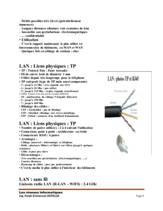 Les réseaux informatiques
Ing. Ralph Emmanuel DORELUS Page 9
– Débits possibles très élevés (potentiellement
immenses)
– Longues distances (dizaines voir centaines de km)
– Insensible aux perturbations électromagnétiques
– … confidentialité
• Utilisation
– C’est le support maintenant le plus utilisé en
interconnexion de bâtiments, en MAN et WAN
– Quelques fois en câblage de stations : cher
LAN : Liens physiques : TP
• TP : Twisted Pair : Paire torsadée
• Fil de cuivre isolé de diamètre 1 mm
• Utilisé depuis très longtemps pour le téléphone
• TP catégorie (type de TP mais aussi composants)
– 3 : jusqu’à 16 Mhz : très répandu aux USA
– 4 : jusqu’à 20 Mhz : peu utilisé
– 5 : jusqu’à 125 Mhz : le plus répandu actuellement
• Câbles 4 paires avec des pas de torsades différents
– 5E : amélioration du câblage 5 (Gigabit Ethernet)
– 6 : jusqu’à 250 Mhz
– 7 : jusqu’à 600 Mhz
• Blindage des câbles :
– UTP : Unshielded : pas de blindage
– STP : Shielded : blindage avec tresse métallique
– FTP : Foiled : entourée d’un feuillard d’aluminium
LAN : Liens physiques : TP
• Nombre de paires utilisées : 2 à 4 suivant l’utilisation
• Connexions point à point : architecture en étoile
• Connecteurs RJ45 : 4 paires
• Avantages :
– Câblage universel : informatique et téléphone
– Débit : plusieurs Mbits/s et Gbits/s sur 100 m (jusqu’à quelques
centaines)
– Câble et pose peu chers
• Désavantages :
– Très sensibles aux perturbations (électromagnétiques, …)
– Courtes distances
– Beaucoup de câbles : pose par professionnels
• C’est le media le plus utilisé à l’intérieur des bâtiments
LAN : sans fil
Liaisons radio LAN (R-LAN - WIFI) : 2.4 GHz
 