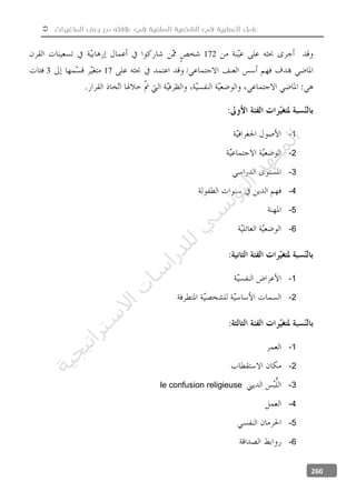  ‫المتغيرات‬ ‫بعض‬ ‫مع‬ ‫عالفته‬ ‫في‬ ‫السلفية‬ ‫الشخصية‬ ‫في‬ ‫العصابية‬ ‫عامل‬
260
172
/173
1-
2-
3-
4-
5-
6-
1-
2-
1-
2-
3-le confusion religieuse
4-
5-
6-
‫ﺔ‬‫ﻴ‬‫ﺠ‬‫ﻴ‬‫ﺗ‬‫ﺍ‬‫ﺮ‬‫ﺘ‬‫ﺳ‬
‫ﻻ‬‫ﺍ‬‫ﺕ‬
‫ﺎ‬‫ﺳ‬
‫ﺍ‬‫ﺭ‬‫ﺪ‬‫ﻠ‬‫ﻟ‬‫ﻲ‬
‫ﺴ‬
‫ﻧ‬‫ﻮ‬‫ﺘ‬‫ﻟ‬‫ﺍ‬‫ﺪ‬‫ﻬ‬‫ﻌ‬‫ﻤ‬‫ﻟ‬‫ﺍ‬
 