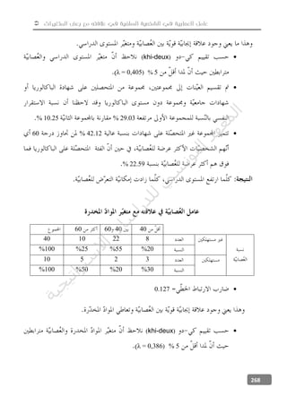  ‫المتغيرات‬ ‫بعض‬ ‫مع‬ ‫عالفته‬ ‫في‬ ‫السلفية‬ ‫الشخصية‬ ‫في‬ ‫العصابية‬ ‫عامل‬
268
(khi-deux)
5%λ = 0,405)

29.03%10.25%
42.12%60
22.59%
40406060
8221040
20%55%25%100%
32510
30%20%50%100%
0.127
(khi-deux)
5%λ = 0,386)
‫ﺔ‬‫ﻴ‬‫ﺠ‬‫ﻴ‬‫ﺗ‬‫ﺍ‬‫ﺮ‬‫ﺘ‬‫ﺳ‬
‫ﻻ‬‫ﺍ‬‫ﺕ‬
‫ﺎ‬‫ﺳ‬
‫ﺍ‬‫ﺭ‬‫ﺪ‬‫ﻠ‬‫ﻟ‬‫ﻲ‬
‫ﺴ‬
‫ﻧ‬‫ﻮ‬‫ﺘ‬‫ﻟ‬‫ﺍ‬‫ﺪ‬‫ﻬ‬‫ﻌ‬‫ﻤ‬‫ﻟ‬‫ﺍ‬
 