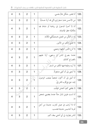  ‫المتغيرات‬ ‫بعض‬ ‫مع‬ ‫عالفته‬ ‫في‬ ‫السلفية‬ ‫الشخصية‬ ‫في‬ ‫العصابية‬ ‫عامل‬
286
4 3 2 1 . 120.
4 3 2 1 . 121.
4 3 2 1
.
122.
4 3 2 1 . 123.
4 3 2 1 . 124.
4 3 2 1 . 125.
4 3 2 1
.
126.
4 3 2 1 . 127.
4 3 2 1 . 128.
4 3 2 1
.
129.
4 3 2 1 . 130.
4 3 2 1
.
131.
4 3 2 1 132.
4 3 2 1 . 133.
‫ﺔ‬‫ﻴ‬‫ﺠ‬‫ﻴ‬‫ﺗ‬‫ﺍ‬‫ﺮ‬‫ﺘ‬‫ﺳ‬
‫ﻻ‬‫ﺍ‬‫ﺕ‬
‫ﺎ‬‫ﺳ‬
‫ﺍ‬‫ﺭ‬‫ﺪ‬‫ﻠ‬‫ﻟ‬‫ﻲ‬
‫ﺴ‬
‫ﻧ‬‫ﻮ‬‫ﺘ‬‫ﻟ‬‫ﺍ‬‫ﺪ‬‫ﻬ‬‫ﻌ‬‫ﻤ‬‫ﻟ‬‫ﺍ‬
 
