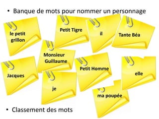 • Banque de mots pour nommer un personnage
le petit
grillon
Petit Tigre
il
Petit Homme
Tante Béa
elle
Monsieur
Guillaume
Jacques
je
ma poupée
• Classement des mots
 