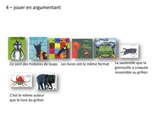 4 – jouer en argumentant
Ce sont des histoires de loups Les livres ont le même format
C’est le même auteur
que le livre du grillon
La sauterelle que la
grenouille a croquée
ressemble au grillon
 