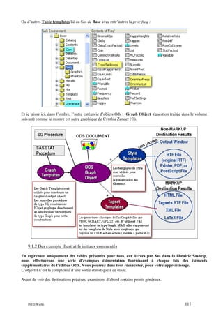 Ou d’autres Table templates lié au Sas de Base avec entr’autres la proc freq :

Et je laisse ici, dans l’ombre, l’autre catégorie d’objets Ods : Graph Object (question traitée dans le volume
suivant) comme le montre cet autre graphique de Cynthia Zender (©).

9.1.2 Des exemple illustratifs initiaux commentés
En reprenant uniquement des tables présentes pour tous, car livrées par Sas dans la librairie Sashelp,
nous effectuerons une série d’exemples élémentaires fournissant à chaque fois des éléments
supplémentaires de l’édifice ODS. Vous pourrez donc tout réexécuter, pour votre apprentissage.
L’objectif n’est la complexité d’une sortie statistique à ce stade.
Avant de voir des destinations précises, examinons d’abord certains points généraux.

INED Wielki

117

 