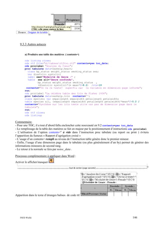 9.3.3 Autres astuces
a) Produire une table des matières ( contents=)
ods listing close;
ods rtf file="d:tabsasrtftoc.rtf" contents=yes toc_data;
ods proclabel "Analyse du Coeur";
proc tabulate data=sashelp.heart;
class bp_status weight_status smoking_status sex;
var diastolic systolic;
label sex="Modalité de Genre :" ;
table sex all="Genre confondu",
bp_status weight_status smoking_status ,
(diastolic systolic)*(n mean*f=8.2) /rts=19
contents="Où va ce texte? superflu car la variable en dimension page informe";
run;
ods proclabel "La célèbre table des Iris de Fisher 1936";
proc tabulate data=sashelp.iris contents='';
class species; var sepallength sepalwidth petallength petalwidth;
table species all, (sepallength sepalwidth petallength petalwidth)*mean*f=5.2 /
contents="Synthèse sur les iris texte utile car pas de dimension page dans le
tabulate";
run;
ods rtf close;
ods listing;

Commentaire:
- Pour une TOC, il a tout d’abord fallu enclencher cette nouveauté en 9.2 contents=yes toc_data
- Le remplissage de la table des matières se fait en majeur par le positionnement d’instructions ods proclabel
- L’utilisation de l’option contents='' à vide dans l’instruction proc tabulate (ou report ou print ) évitera
l’apparition du fumeux « Rapport d’agrégation croisé »
- L’usage d’un contents= rempli au niveau de l’instruction table génère donc le premier mineur.
- Enfin, l’usage d’une dimension page dans le tabulate (ou plus généralement d’un by) permet de générer des
informations mineures de second rang.
- Le retour à la normale se fera par notoc_data .
Processus complémentaire à appliquer dans Word :
Activer le afficher/masquer

Apparition dans le texte d’étranges balises de code rtf

INED Wielki

146

 