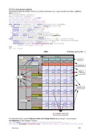 9.5.3 Le style du proc tabulate
En prenant la table du sashelp prdsale, j’ai utilisé l’alternative au { }pour encadrer les ordres , style=[ ]
data prdsale;
set sashelp.prdsale end=fini ;
where country ne :"GERMANY" ;
if fini then do; division=. ; end;run;
ods listing close; title " Sales";
ods pdf file="d:tabsasstyletabulate.pdf";
ods rtf file="d:tabsasstyletabulate.rtf";
proc tabulate data=prdsale f=7. style=[color=blue font_size=9pt] ;
class country region division product /style=[color=green];
classlev country region /style=[color=red];
classlev division/style=[color=brown];
classlev product/style=[color=cyan];
label actual="Actual";keylabel all="SubTotal";
keyword all/style=[foreground=ivory background=olive];
keyword sum/style=[foreground=olive background=cxFA8072];
var actual predict/ style=[color=black] ;
table country*region*(division all*[style=[color=orange]]) , product* actual
/ style=[borderwidth=2 mm cellpadding=1 mm cellspacing=0 background=lavender]
misstext=[label="Manquant" style=[color=grayA0] ]
box=[style=[preimage='d:tabsasthreestars.png' color=blue]
label="C'est simple, non ?" ];
run;
ods _all_ close;

En destination html, comme l’adresse relative de l’image insérée par preimage= ou postimage=
est obligatoire, il faut changer 2 choses :
ods html path="d:tabsas" file="styletabulate.htm"(url=none);…; …;…. ;…
box=[style=[preimage='threestars.png'] label="C'est simple, non?"];run; ods html close;
INED Wielki

158

 