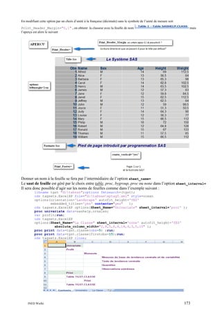 En modifiant cette option par un choix d’unité à la française (décimale) sans le symbole de l’unité de mesure soit
Print_Header_Margin="0,1" , on obtient la classeur avec la feuille de nom
l’aperçu est alors le suivant

mais

Donner un nom à la feuille se fera par l’intermédiaire de l’option sheet_name=
Le saut de feuille est géré par le choix entre table, proc, bygroup, proc ou none dans l’option sheet_interval=
Il sera donc possible d’agir sur les noms de feuilles comme dans l’exemple suivant :
libname tgst "d:tabsas";options fmtsearch=(tgst);
ods tagsets.ExcelXP file="d:tabsasxptag5.xml" style=ocean
options(orientation='Landscape' autofit_height='YES'
embedded_titles='yes' contents="yes"
);
ods tagsets.ExcelXP options(Sheet_Name="Univariate" sheet_interval='proc' );
proc univariate data=sashelp.orsales;
var profit;run;
ods tagsets.ExcelXP
options(Sheet_Name="La Classe" sheet_interval='none' autofit_height='YES'
absolute_column_width="2,8,5,6,4,14,4,3,5,10" );
proc print data=tgst.classe(obs=5) ;run;
proc print data=tgst.classe(firstobs=15);run;
ods tagsets.ExcelXP close;

INED Wielki

173

 