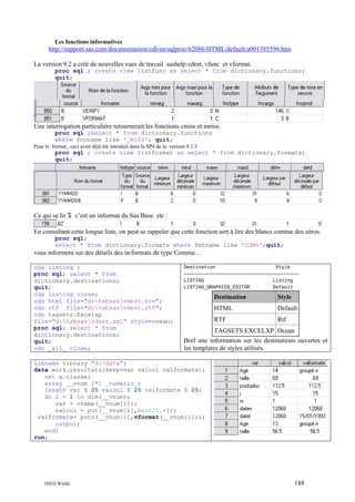 Les fonctions informatives

http://support.sas.com/documentation/cdl/en/sqlproc/62086/HTML/default/a001385596.htm
La version 9.2 a créé de nouvelles vues de travail sashelp.vdest, vfunc et vformat.
proc sql ; create view listfunc as select * from dictionary.functions;
quit;

Une interrogation particulière retournerait les fonctions cmiss et nmiss.
proc sql ;select * from dictionary.functions
where fncname like '_MISS'; quit;
Pour le format, ceci avait déjà été introduit dans la SP4 de la version 9.1.3

proc sql ; create view listformat as select * from dictionary.formats;
quit;

Ce qui se lit

c’est un informat du Sas/Base etc :

En consultant cette longue liste, on peut se rappeler que cette fonction sert à lire des blancs comme des zéros.
proc sql;
select * from dictionary.formats where fmtname like 'COM%';quit;

vous informera sur des détails des in/formats de type Comma…
ods listing ;
proc sql; select * from
dictionary.destinations;
quit;
ods listing close;
ods html file="d:tabsasvdest.htm";
ods rtf file="d:tabsasvdest.rtf";
ods tagsets.Excelxp
file="d:tabsasvdest.xml" style=ocean;
proc sql; select * from
dictionary.destinations;
quit;
ods _all_ close;

Destination
Style
ƒƒƒƒƒƒƒƒƒƒƒƒƒƒƒƒƒƒƒƒƒƒƒƒƒƒƒƒƒƒƒƒƒƒƒƒƒƒƒƒ
LISTING
Listing
LISTING_GRAPHICS_EDITOR
Default

Destination

Style

HTML

Default

RTF

Rtf

TAGSETS.EXCELXP Ocean
Bref une information sur les destinations ouvertes et
les templates de styles utilisés.

libname library "d:data";
data work.resultats(keep=var valcol valformate);
set a.classe;
array __vnum [*] _numeric_;
length var $ 25 valcol $ 25 valformate $ 25;
do i = 1 to dim(__vnum);
var = vname(__vnum[i]);
valcol = put(__vnum[i],best25.-l);
valformate= putn(__vnum[i],vformat(__vnum[i]));
output;
end;
run;

INED Wielki

188

 