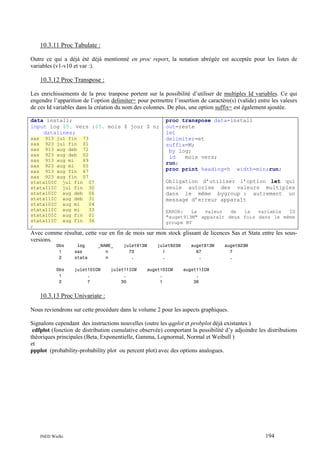 10.3.11 Proc Tabulate :
Outre ce qui a déjà été déjà mentionné en proc report, la notation abrégée est acceptée pour les listes de
variables (v1-v10 et var :).

10.3.12 Proc Transpose :
Les enrichissements de la proc tranpose portent sur la possibilité d’utiliser de multiples Id variables. Ce qui
engendre l’apparition de l’option delimiter= pour permettre l’insertion de caractère(s) (valide) entre les valeurs
de ces Id variables dans la création du nom des colonnes. De plus, une option suffix= est également ajoutée.
data install;
input log $5. vers :$5. mois $ jour $ n;
datalines;
sas 913 jul fin 73
sas 923 jul fin 01
sas 913 aug deb 72
sas 923 aug deb 02
sas 913 aug mi
69
sas 923 aug mi
05
sas 913 aug fin 67
sas 923 aug fin 07
stata10IC jul fin 07
stata11IC jul fin 30
stata10IC aug deb 06
stata11IC aug deb 31
stata10IC aug mi
04
stata11IC aug mi
33
stata10IC aug fin 01
stata11IC aug fin 36
;

proc transpose data=install
out=reste
let
delimiter=et
suffix=M;
by log;
id
mois vers;
run;
proc print heading=h width=min;run;
Obligation d’utiliser l’option let qui
seule autorise des valeurs multiples
dans le même bygroup : autrement un
message d’erreur apparaît
ERROR:
La
valeur
de
la
variable
ID
"auget913M" apparaît deux fois dans le même
groupe BY

Avec comme résultat, cette vue en fin de mois sur mon stock glissant de licences Sas et Stata entre les sousversions.
Obs
1
2

log
sas
stata

_NAME_
n
n

Obs
1
2

julet10ICM
.
7

julet913M
73
.

julet11ICM
.
30

julet923M
1
.
auget10ICM
.
1

auget913M
67
.

auget923M
7
.

auget11ICM
.
36

10.3.13 Proc Univariate :
Nous reviendrons sur cette procédure dans le volume 2 pour les aspects graphiques.
Signalons cependant des instructions nouvelles (outre les qqplot et probplot déjà existantes )
cdfplot (fonction de distribution cumulative observée) comportant la possibilité d’y adjoindre les distributions
théoriques principales (Beta, Exponentielle, Gamma, Lognormal, Normal et Weibull )
et
ppplot (probability-probability plot ou percent plot) avec des options analogues.

INED Wielki

194

 