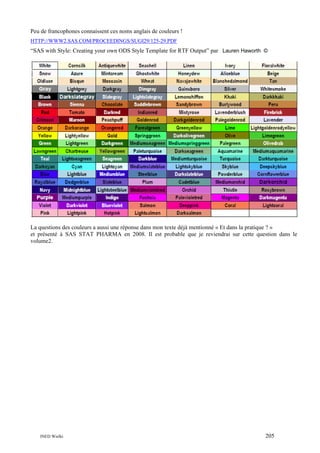Peu de francophones connaissent ces noms anglais de couleurs !
HTTP://WWW2.SAS.COM/PROCEEDINGS/SUGI29/125-29.PDF

“SAS with Style: Creating your own ODS Style Template for RTF Output” par Lauren Haworth ©

La questions des couleurs a aussi une réponse dans mon texte déjà mentionné « Et dans la pratique ? »
et présenté à SAS STAT PHARMA en 2008. Il est probable que je reviendrai sur cette question dans le
volume2.

INED Wielki

205

 