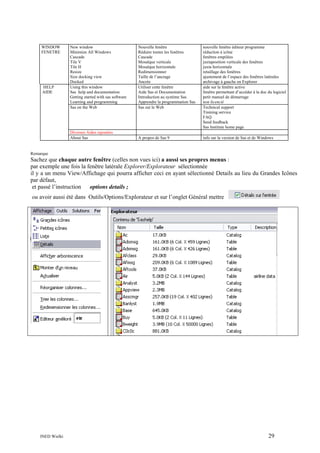 WINDOW
FENETRE

Nouvelle fenêtre
Réduire toutes les fenêtres
Cascade
Mosaïque verticale
Mosaïque horizontale
Redimensionner
Taille de l’ancrage
Ancrée
Utiliser cette fenêtre
Aide Sas et Documentation
Introduction au système Sas
Apprendre la programmation Sas
Sas sur le Web

nouvelle fenêtre éditeur programme
réduction à icône
fenêtres empilées
juxtaposition verticale des fenêtres
juxta horizontale
retaillage des fenêtres
ajustement de l’espace des fenêtres latérales
archivage à gauche en Explorer
aide sur la fenêtre active
fenêtre permettant d’accéder à la doc du logiciel
petit manuel de démarrage
non licencié
Technical support
Training service
FAQ
Send feedback
Sas Institute home page

Diverses Aides rajoutées
About Sas

HELP
AIDE

New window
Minimize All Windows
Cascade
Tile V
Tile H
Resize
Size docking view
Docked
Using this window
Sas help and documentation
Getting started with sas software
Learning and programming
Sas on the Web

A propos de Sas 9

info sur la version de Sas et de Windows

Remarque

Sachez que chaque autre fenêtre (celles non vues ici) a aussi ses propres menus :
par exemple une fois la fenêtre latérale Explorer/Explorateur sélectionnée
il y a un menu View/Affichage qui pourra afficher ceci en ayant sélectionné Details au lieu du Grandes Icônes
par défaut,
et passé l’instruction
options details ;
ou avoir aussi été dans Outils/Options/Explorateur et sur l’onglet Général mettre

INED Wielki

29

 