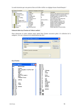 La seule incursion que vous pouvez faire est d’aller vérifier vos réglages locaux french/français !

Enhanced editor keys/Touches de l’éditeur amélioré

Nous retrouvons ici notre création magic parmi bien d’autres raccourcis grâce à la sélection de la
catégorie. Avis aux virtuoses de la mémorisation des clés !

Keys/Touches

INED Wielki

46

 
