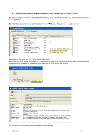 4.4 Modification possible du fonctionnement du Viewtable par la fenêtre Explorer
Quand vous cliquez sur l’icône d’une librairie et ensuite aussi sur celle d’une table, il y a ouverture automatique
d’un viewtable.
En allant dans les options de la fenêtre Explorer Tools

Options

Explorer

onglet member

Faire Edit en clic droit une fois l’icône Table sélectionné.
Possibilité est alors offerte de compléter la commande &Open avec colheading=name pour éviter l’ouverture
automatique sur les labels et openmode=edit pour être en accès edit et non browse.

Ne pas oublier de confirmer par le bouton OK de cette fenêtre.
INED Wielki

64

 